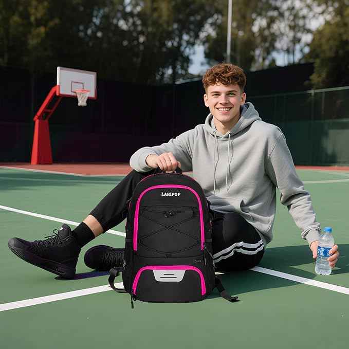 LARIPOP Basketball Bag, Sports Backpack with Ball Holder & Shoe Compartment, Water Resistant Gym Bag for Soccer Volleyball Travel