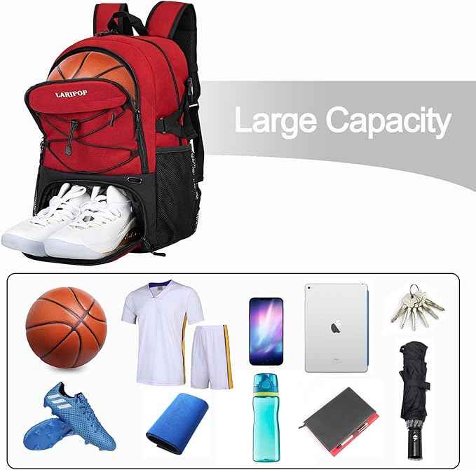 LARIPOP Basketball Bag, Sports Backpack with Ball Holder & Shoe Compartment, Water Resistant Gym Bag for Soccer Volleyball Travel