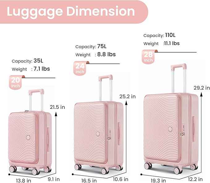 3 Piece Luggage Set 100% PC Hardshell, Front Opening Expandable Suitcase (20/24/28) with Laptop Compartment & Free Custom PVC Covers, Trunk Style Lightweight Spinner Wheels TSA Lock (Pink)