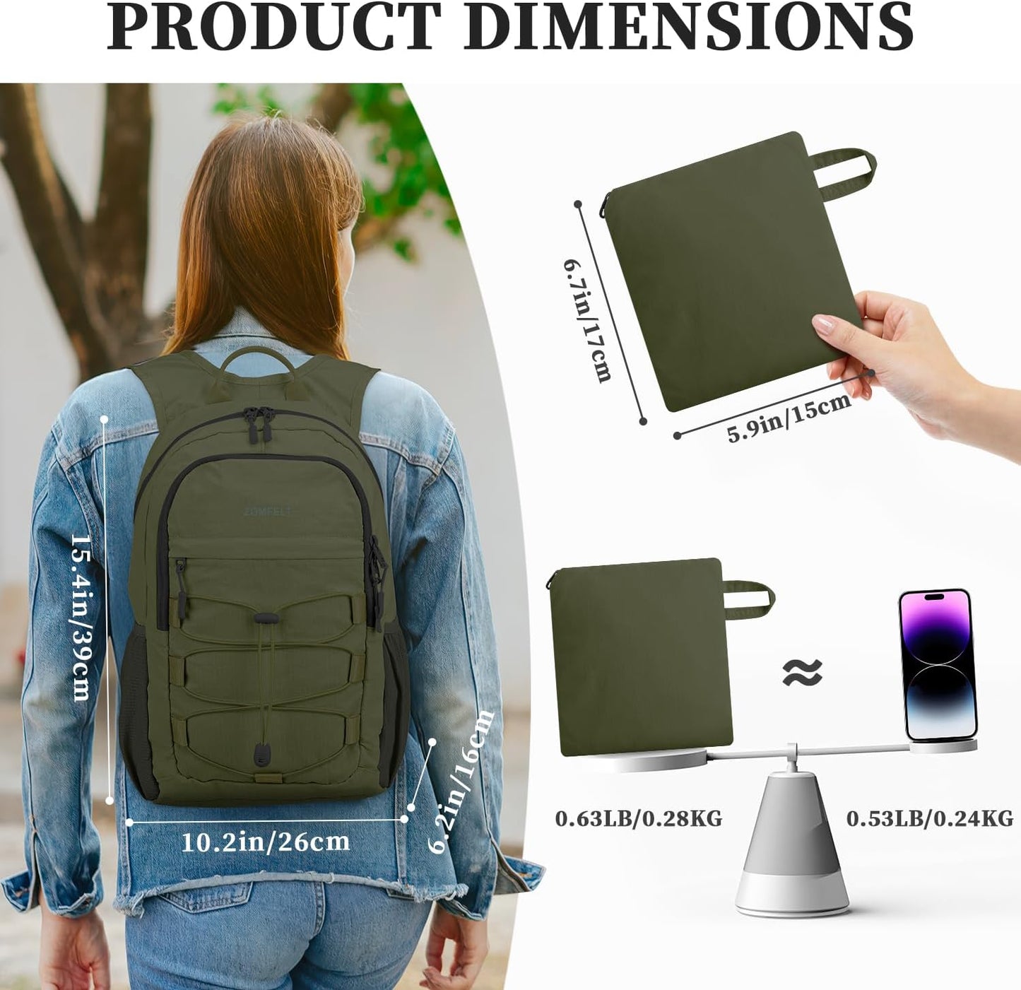 ZOMFELT Hiking Backpack for Women Men, 15L Lightweight Packable Backpacks for Trip, Water Resistant Small Travel Backpack, Foldable daypack for Hiking, Walking, Cycling, Camping, Green - Roamly