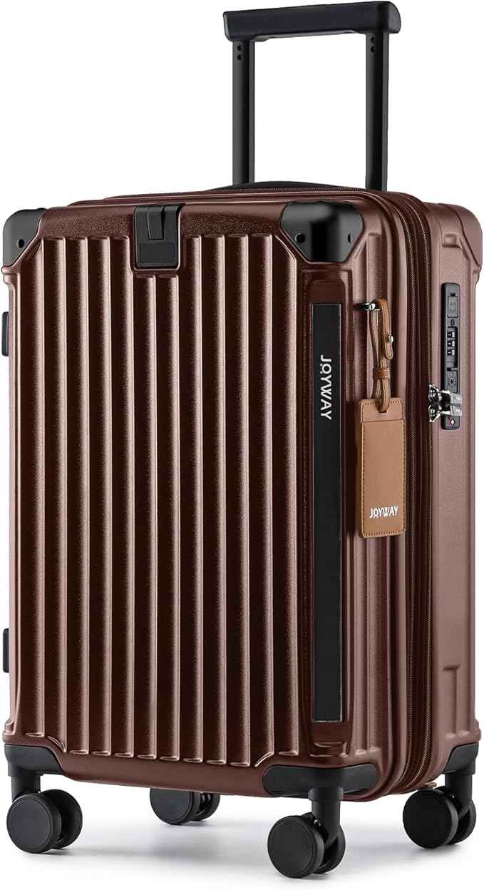 Joyway Carry On Luggage, Expandable Suitcase with Smart Cup Holder and USB Port, 20 IN Hardside Checked with TSA Lock Spinner Double Wheels (Coffe, Carry-On 20-Inch)