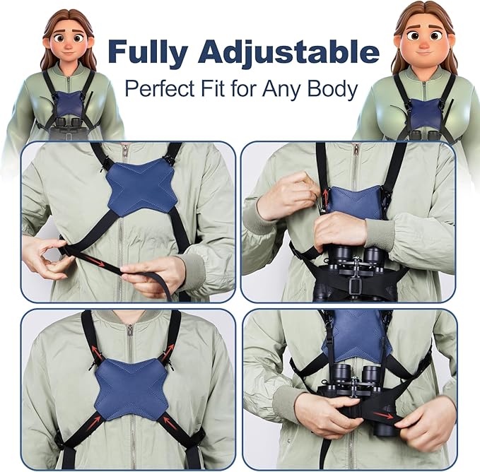 Binocular Harness Strap, New Double-Sided Leather X-shaped Design Adjustable for Hunting, Hiking & Birding, Binocular Harness Fits for Carrying, Cameras, Rangefinders and More