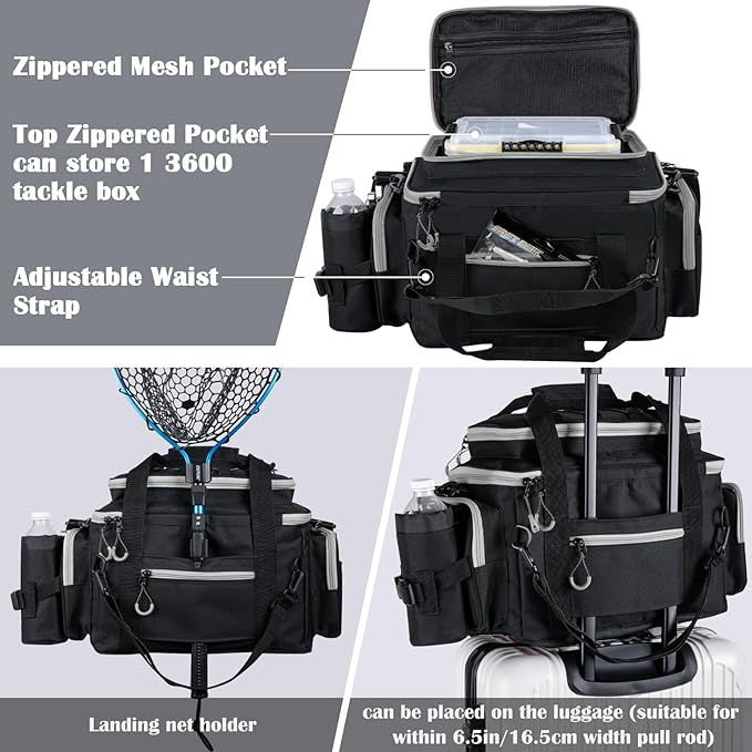 Goture Fishing Tackle Bag with 4pcs 3600 Tackle Boxes, 600D Water-Resistant Soft Side Saltwater Gear Storage Fishing Bag with Rod Straps, Detachable Water Bottle Pouch, Waterproof Bottom, SBS Zippers