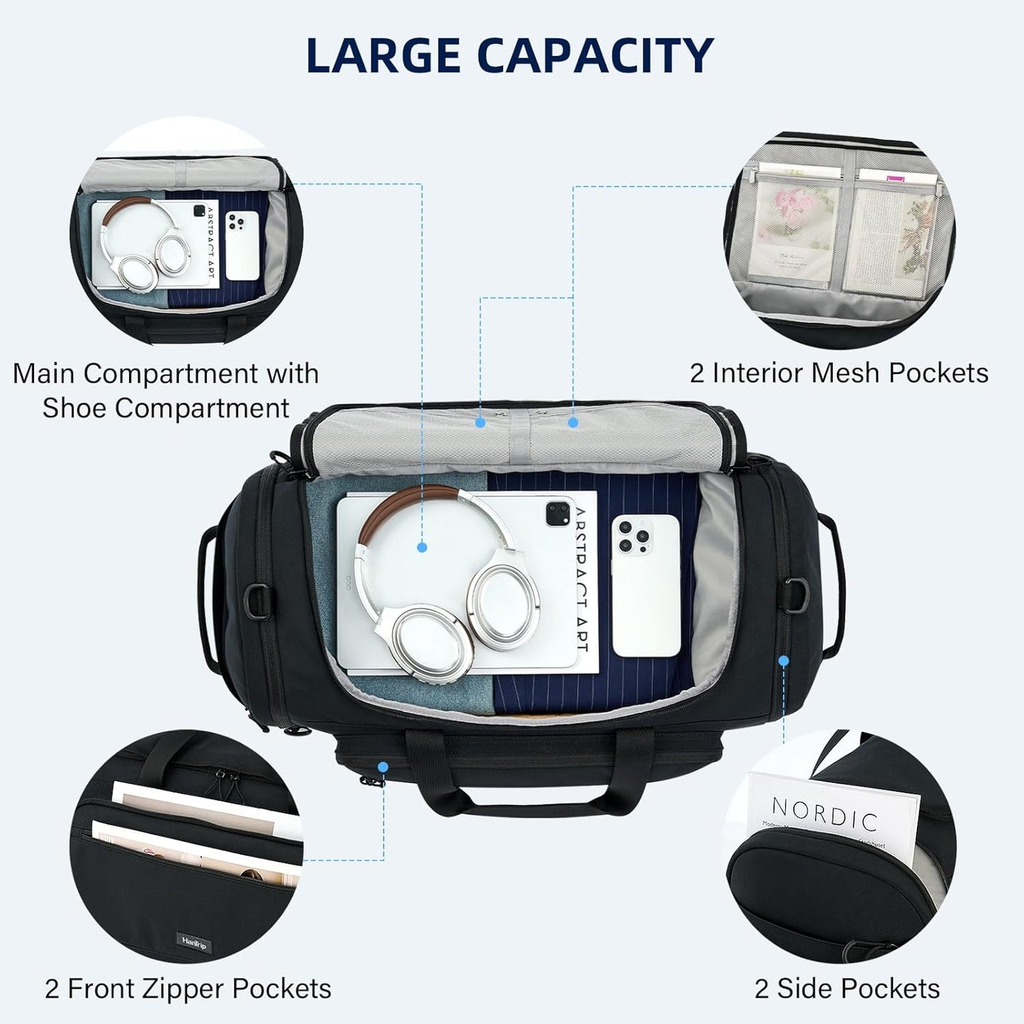 Large Travel Duffle Gym Bag with Shoe Compartment, Underseat Carry On Luggage Overnight Weekender Personal Item Workout Bags for Women Men (Black) - Roamly