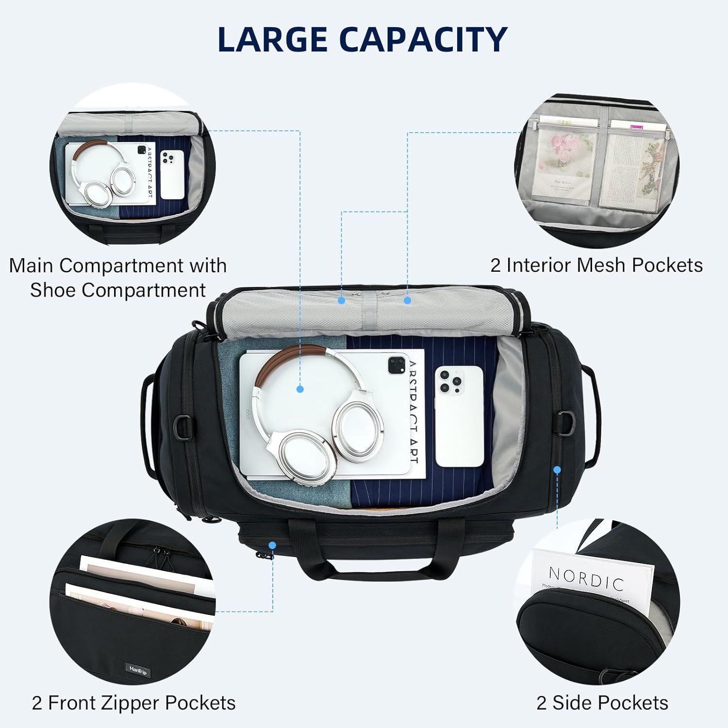 Large Travel Duffle Gym Bag with Shoe Compartment, Underseat Carry On Luggage Overnight Weekender Personal Item Workout Bags for Women Men (Black) - Roamly