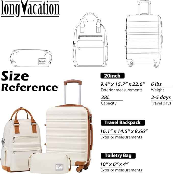 LONG VACATION Carry On Luggage Sets 3 Piece 20 Inch Suitcase Set, ABS+PC Hardshell Lightweight Travel Luggage with Spinner Wheels & YKK Zipper TSA Lock (20 INCH (BP/TB), BEIGE-BROWN)