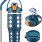 MUKOKO 32 oz Glass Tumbler with Straw,Glass Water Bottles with Time Marker,Iced Coffee Cup with 2 Lids-Handle Spout Lid&Straw Lid,Silicone Sleeve,Leakproof,1 Pack-Blue