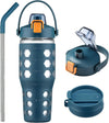 MUKOKO 32 oz Glass Tumbler with Straw,Glass Water Bottles with Time Marker,Iced Coffee Cup with 2 Lids-Handle Spout Lid&Straw Lid,Silicone Sleeve,Leakproof,1 Pack-Blue