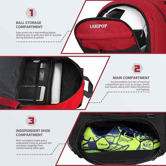 LARIPOP Soccer Backpack Soccer Bag with Ball Holder & Shoe Compartment Youth Sports Equipment Training Bag