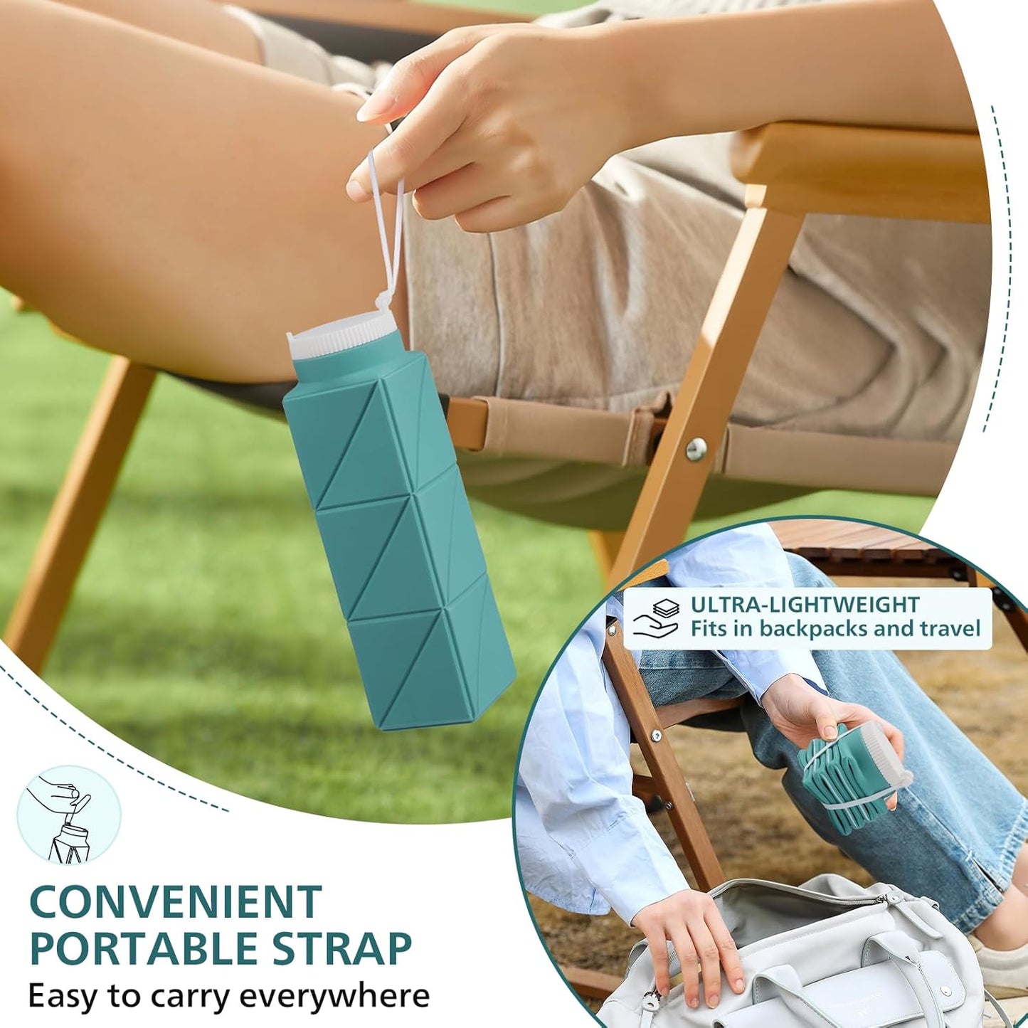 610ml Collapsible Water Bottles Upgrade Foldable Water Bottle BPA Free Reusable Lightweight LeakProof Silicone Water Bottles 20.6oz for Travel Gym Hiking Office Camping Outdoor Sport Green