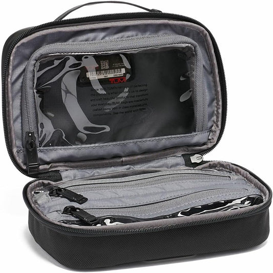 TUMI Alpha Split Travel Kit - Compact Toiletry Bag for Men & Women - Features Removable Leather Handle & 3 Zip Pockets - Black - Roamly