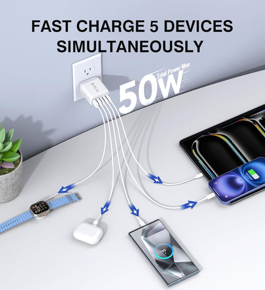50W USB C Wall Charger Block, 2Pack 5-Port C Charger Fast Charging Block Dual PD Power Adapter&QC 3.0 Wall Plug Multiport Type C Charging Cube Brick for iPhone 16/15/14/13/12 Pro Max, iPad,Samsung - Roamly