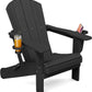SERWALL Folding Adirondack Chair, Dual Cup Holders & All-Weather HDPE, Wood-Like Patio Chair for Backyard, Camping，Pool & Fire Pit- Black