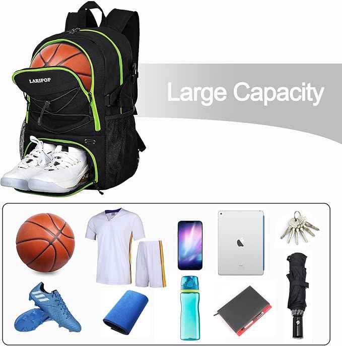 LARIPOP Basketball Bag, Sports Backpack with Ball Holder & Shoe Compartment, Water Resistant Gym Bag for Soccer Volleyball Travel