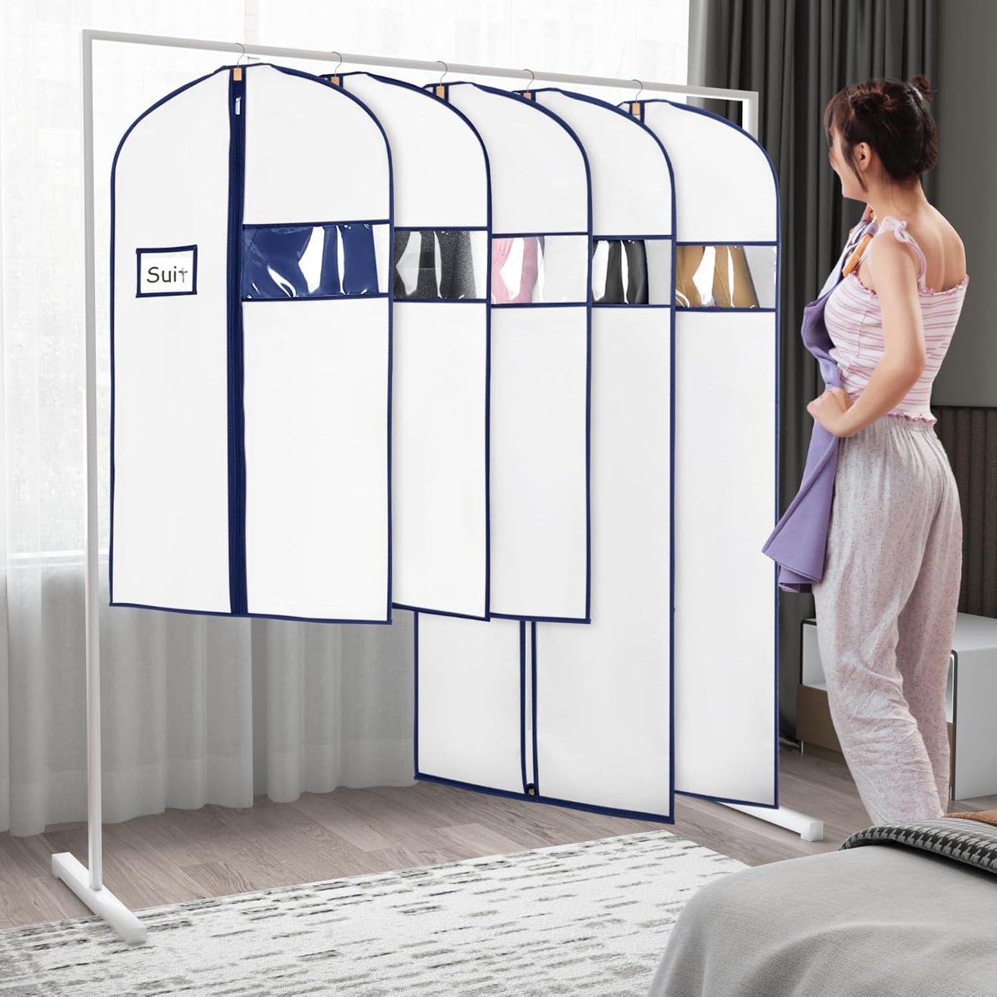 Syeeiex 40" Suit Bag(Set of 8), Garment Bags for Hanging Clothes, Suit Bags for Closet Storage, Garment Bags for Suits, T-shirts, Jackets, Coats, Business Wear(White & Dark Blue)