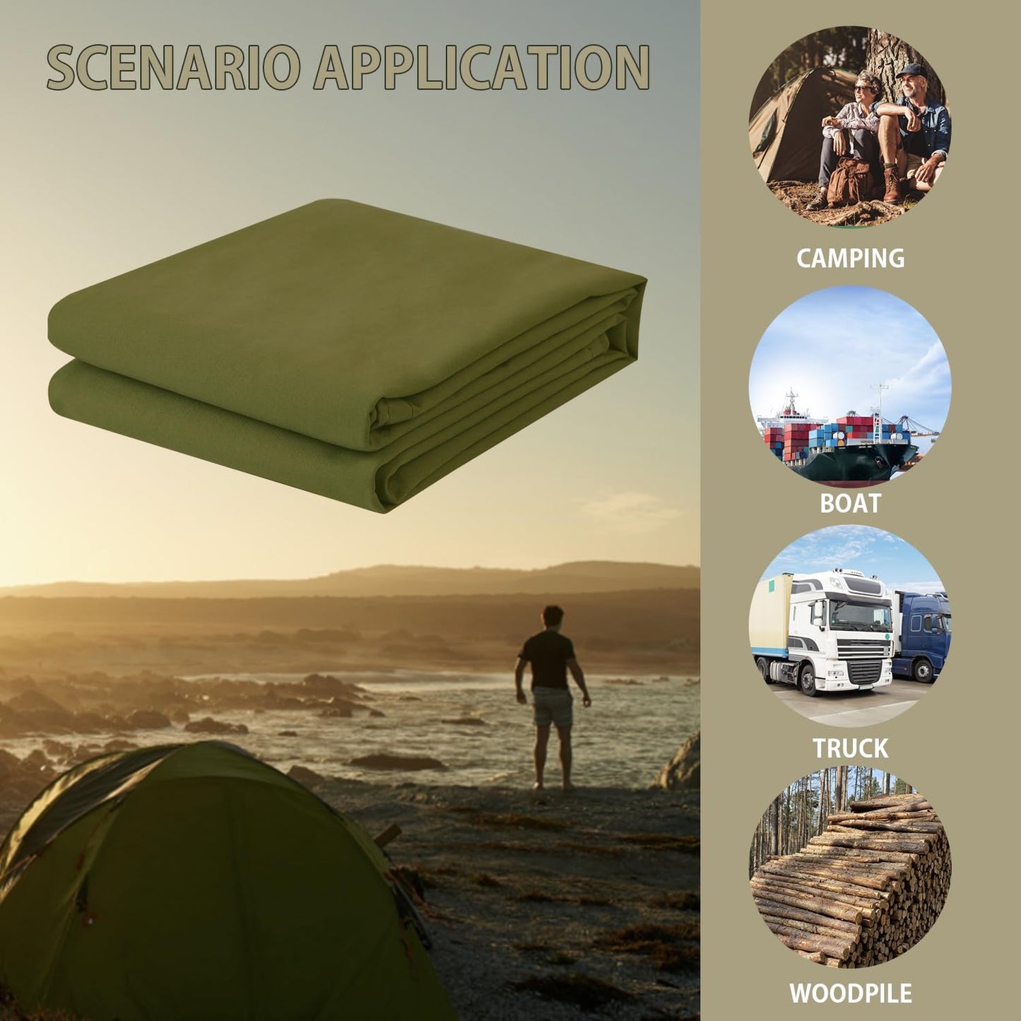FoundGo Canvas Tarp 12x45ft Heavy Duty Waterresistant Tarps with Grommets, UV Resistant, 22 Mil Tarpaulin,14 oz Durable Cloth Covers for Car, Roof, Boat, Camp, Canopy, Woodpile with Ropes-Moss