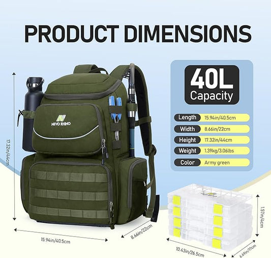N NEVO RHINO Fishing Tackle Backpack with Rod Holders, 40L Large Fishing Bag with Waterproof Rain Cover,Outdoor Tackle Bag