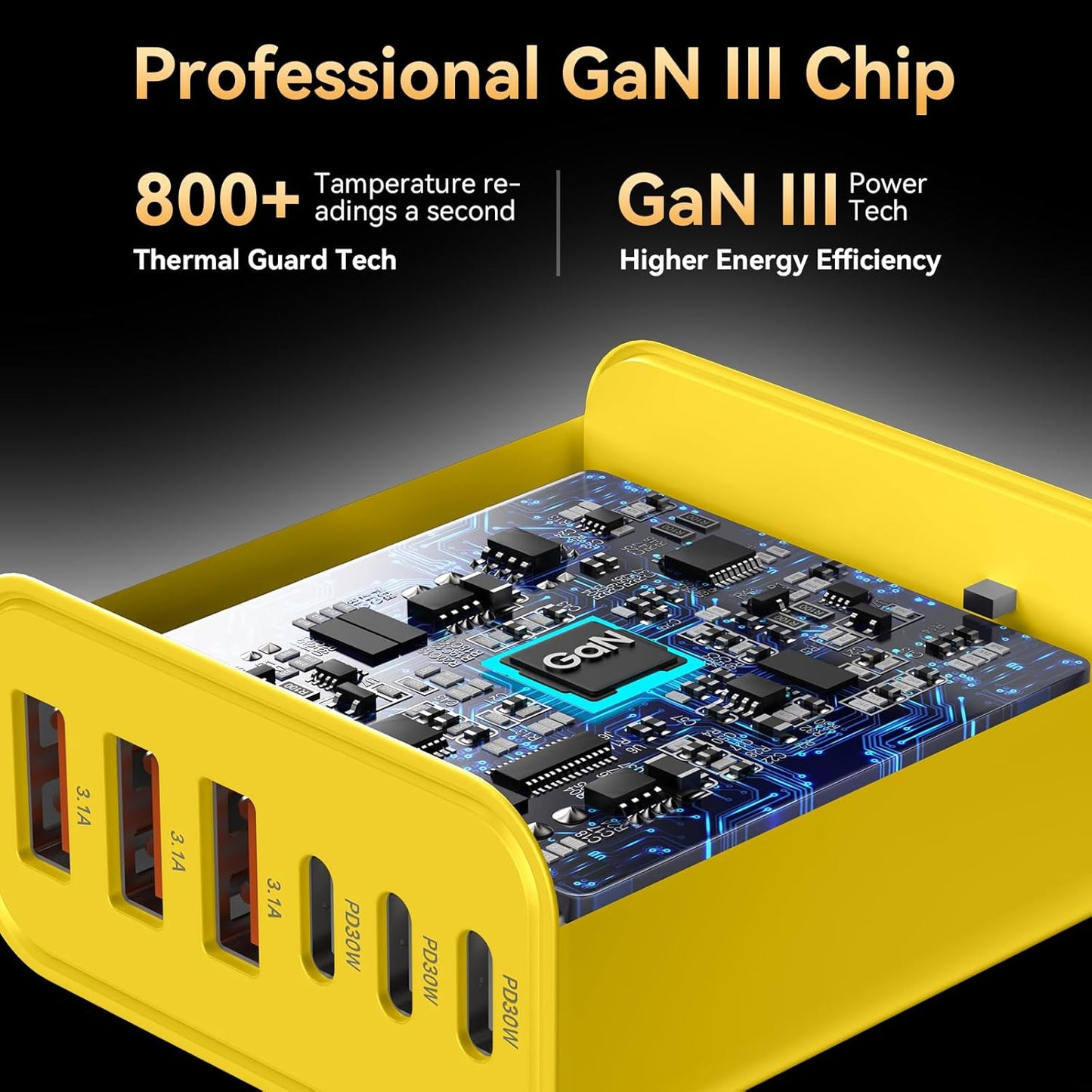 USB C Charger Block, 65W USBC Wall Charging Blocks 6-Port PD & QC Power Adapter Multiport Type C Fast Chargers Plug Cube Brick for iPhone 16/15/14/13/12/Pro Max,iPad Pro,Samsung Galaxy S25 Yellow