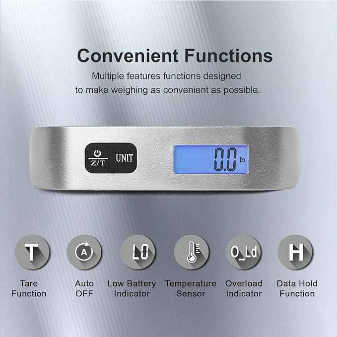 travel inspira Luggage Scale, Portable Digital Hanging Baggage Scale for Travel, Suitcase Weight Scale with Rubber Paint, 110 Pounds, Battery Included