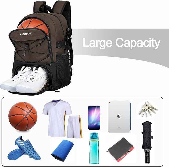 LARIPOP Basketball Bag, Sports Backpack with Ball Holder & Shoe Compartment, Water Resistant Gym Bag for Soccer Volleyball Travel
