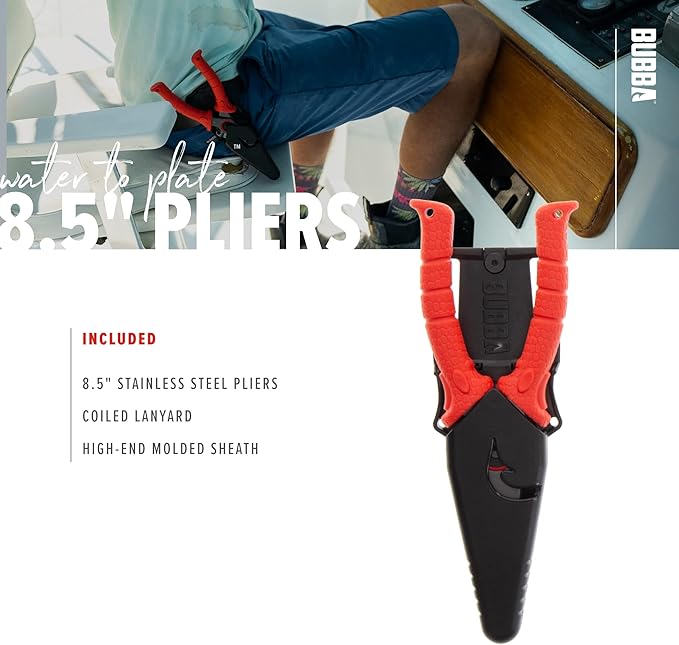 BUBBA 8.5" Stainless Steel Pliers with Non-Slip Handle, Spring Loaded with Crimping Tools and Anvil Cutters Lanyard Hole and Sheath