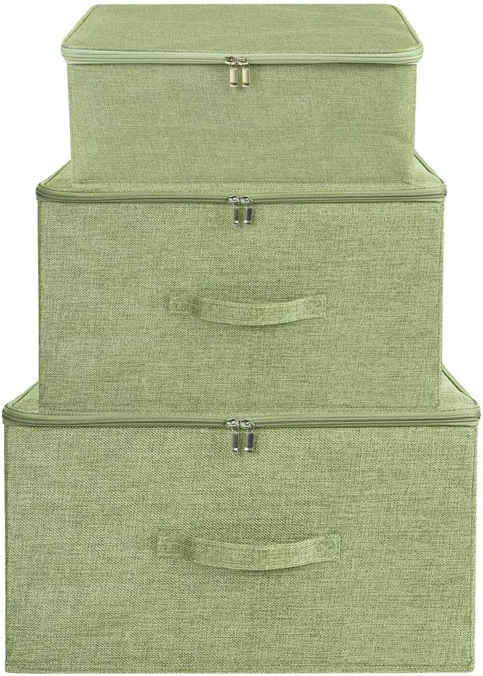 ANMINY 2PCS Storage Bins with Zipper Lids 36 Qt Lidded Fabric Storage Boxes Baskets Cubes with Handles Collapsible Washable Cotton Linen Closet Shelf Clothes Organizer Containers - Green, Large