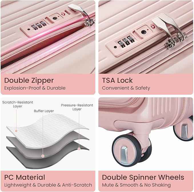3 Piece Luggage Set 100% PC Hardshell, Front Opening Expandable Suitcase (20/24/28) with Laptop Compartment & Free Custom PVC Covers, Trunk Style Lightweight Spinner Wheels TSA Lock (Pink)