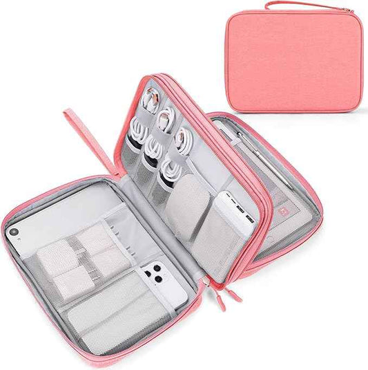 FYY Electronic Organizer, Extra Large Travel Cable Organizer Bag Pouch Portable Waterproof Double Layers All-in-One Storage Bag for iPad, Cable, Power Bank, Laptop Charger for Office/Home, Pink