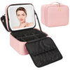 Relavel Makeup Bag with LED Mirror, Small Travel Makeup Case with Rechargeable Lighted Mirror 3 Color Lights, Double Layer Cosmetic Box Makeup Brush Lipstick Holder Organizer for Women, Pink