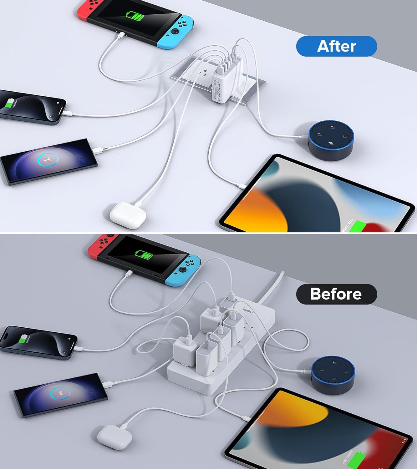 USB C Wall Charger Block,100W GaN 6-Port QC+PD3.0 Charging Station Type C Fast Chargers Plug Brick Portable Cube Hub Multiport Power Adapter for iPhone16/15/14 Pro Galaxy S25 Ultra2 AirPods4 Watch10 - Roamly