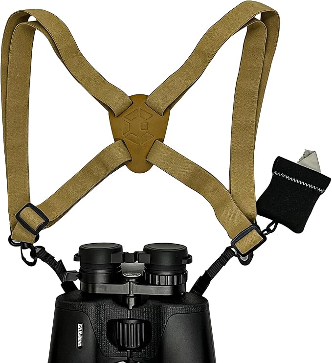 GAIARENA Binocular Harness - Adjustable Cross Bino Strap for Hunting Hiking Birding with Lens Cleaning Cloth - Tan