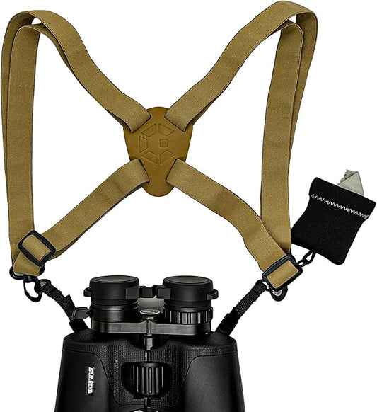 GAIARENA Binocular Harness - Adjustable Cross Bino Strap for Hunting Hiking Birding with Lens Cleaning Cloth - Tan