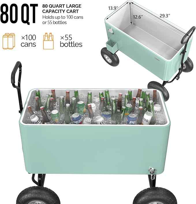 VINGLI 80 Quart Wagon Rolling Cooler Ice Chest, w/Long Handle and 10" Wheels, Portable Beach Patio Party Bar Cold Drink Beverage, Outdoor Park Cart on Wheels