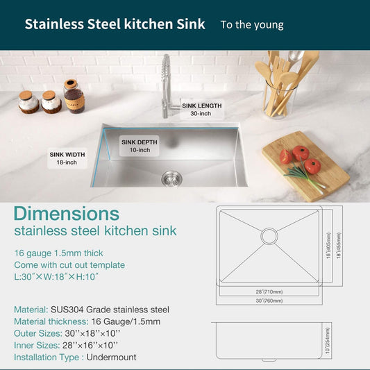 TORVA 30-Inch Undermount Kitchen Sink, Premium 304 Stainless Steel Bar Sink - 10 Inches Deep Basin Single Bowl Sink