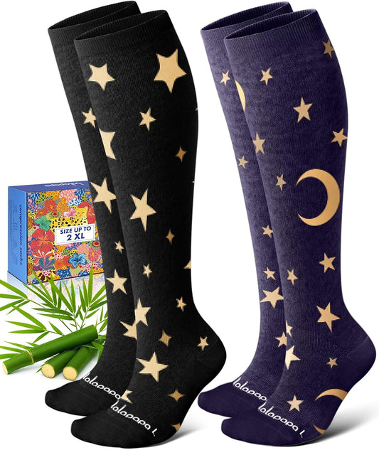 Bamboo Viscose Compression Socks for Women Men 2 Pairs 15-20mmHg Knee High Compression Socks Travel Nurse