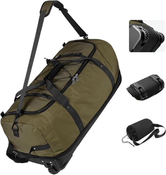 Vomgomfom Wheeled Collapsible Duffel Bag,110L-140L Expandable Checked Luggage, No-Telescopic-Handle with Anti-Burst Zipper & Reinforced Frame,Army Green - Roamly