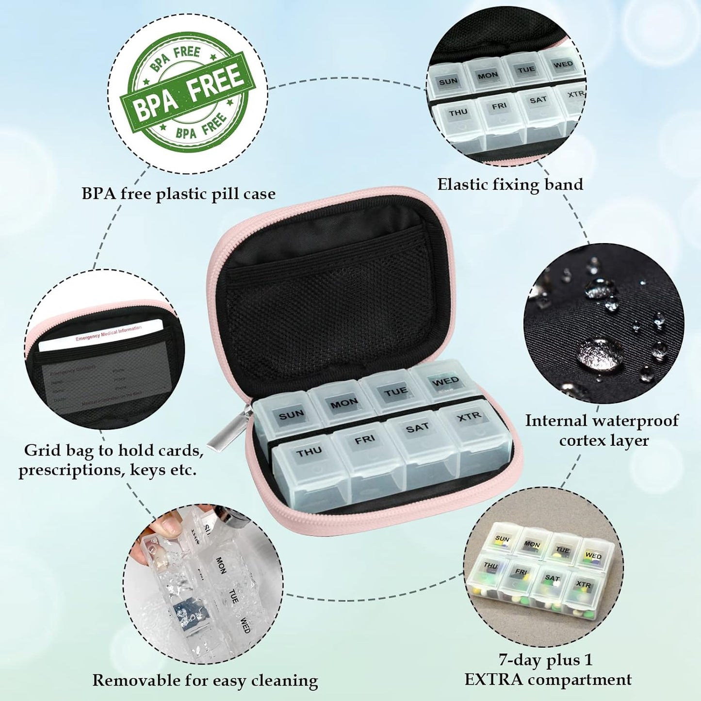 Serfeymi Weekly Travel Pill Organizer Pill Case for Purse with Removable 7 Day Pill Box, Fashionable Travel Medicine Organizer Pill Container for Medicine, Vitamin, Supplement - Bloom 03 + Pill Box