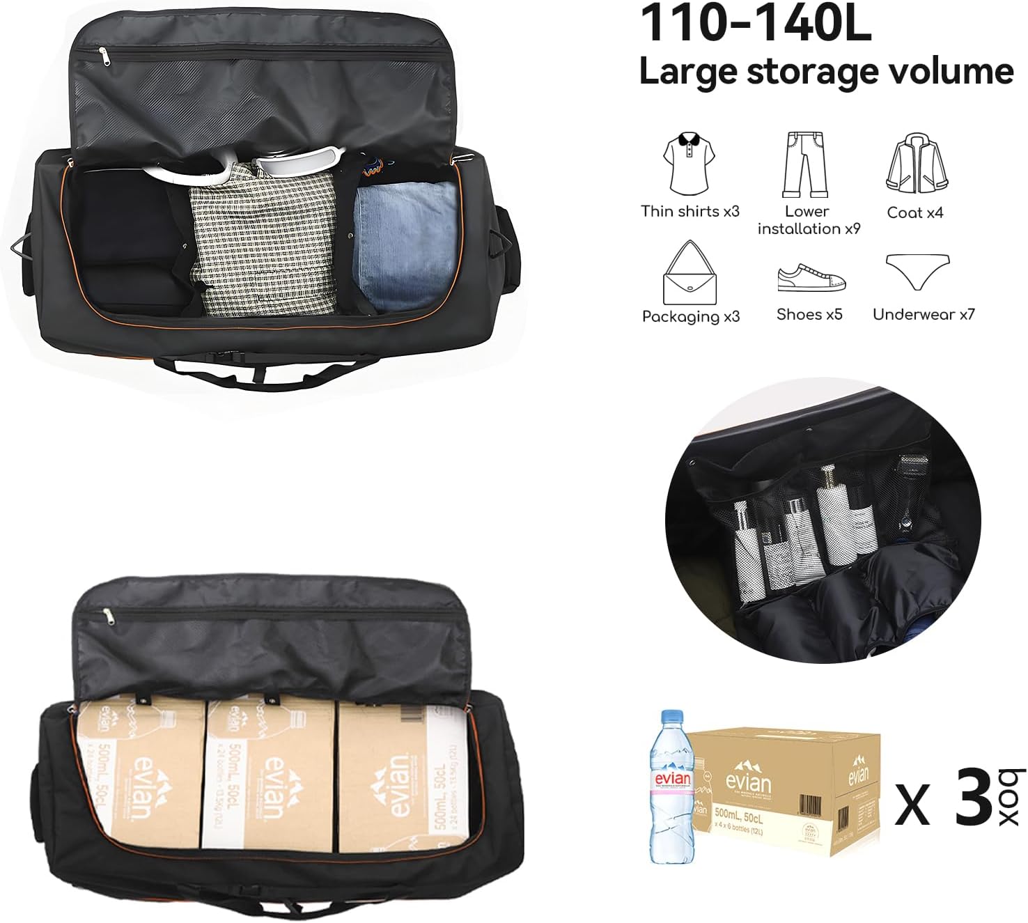 Vomgomfom 32" Soft-Sided Foldable Wheeled Travel Duffel Bag,Expandable 110L to 140L Rolling Cargo Bag with 2 Wheels and Multiple Pockets,Black-orange - Roamly