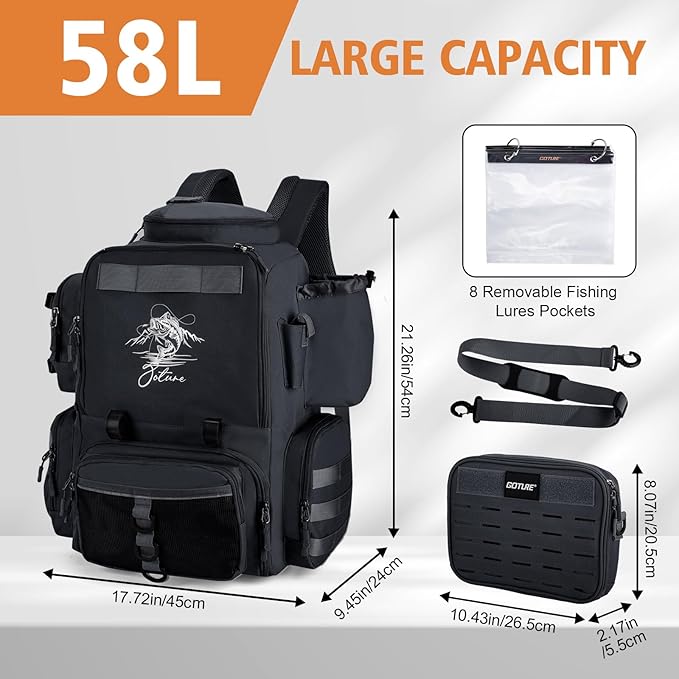 Goture Fishing Backpack, 58L 900D Water-Resistant Insulated Tackle Backpack with Cooler, Rod Holders, 8 Lure Pockets, Detachable Crossbody Bag, Gear Storage Large Fishing Bag for Camping Hiking
