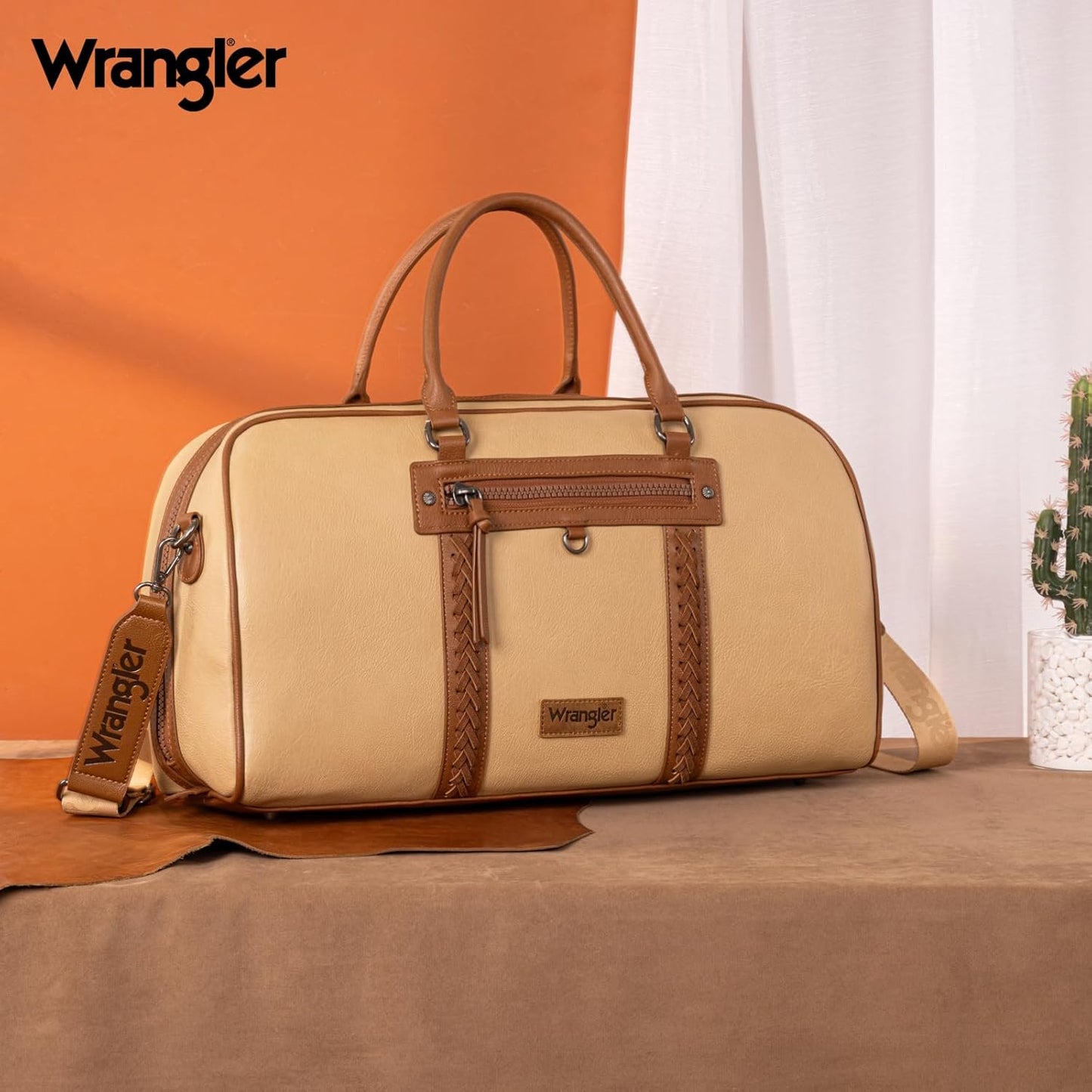 Wrangler Travel Duffel Bag Large Weekender Bag for Women Designer Carry on Overnight Bag for Trips Leather Luggage Bag Tan - Roamly
