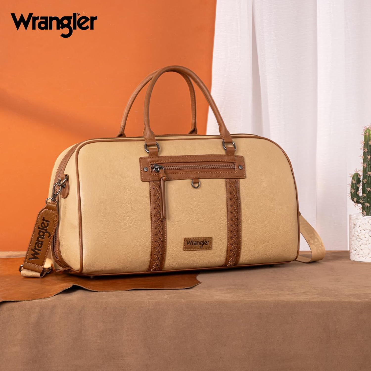 Wrangler Travel Duffel Bag Large Weekender Bag for Women Designer Carry on Overnight Bag for Trips Leather Luggage Bag Tan - Roamly