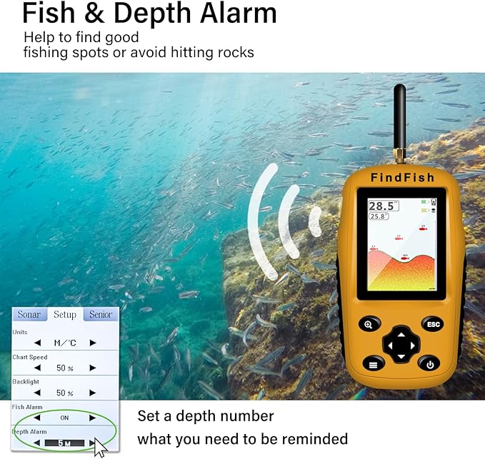 Fish Finder Portable Wireless Sonar & Radio Sensor Depth Finder with Fish Size, Water Temperature, Bottom Contour, Color LED Display Black/White Model fit for Boats Kayaks Fishing