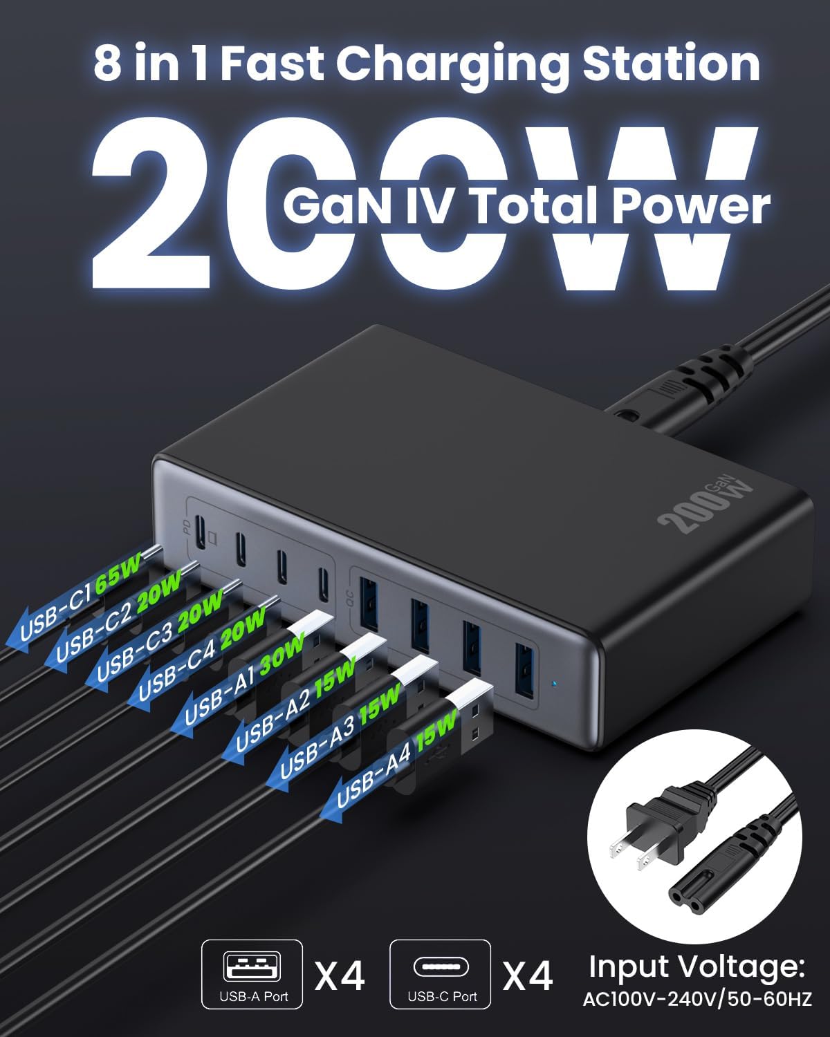200W USB C Charger Block,GaN IV Charging Station 8 Ports,QC4.0 Fast Charging Station Hub+PD 65W USB C Laptop Charger Adapter Compatible with MacBook Air/Pro,DELL,iPhone 16/15,iPad,Steam Deck-Black - Roamly