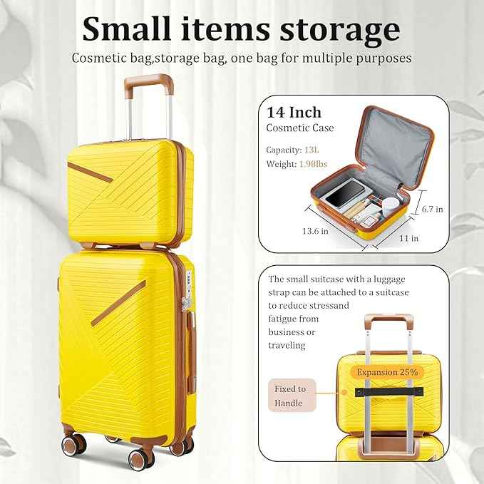 4 Piece Expandable Hardshell Pink Luggage Sets with Spinner Wheels, Lightweight Travel Suitcase Set with TSA Locks, 20 inch Carry On for Women (Yellow, 4 Piece Set)