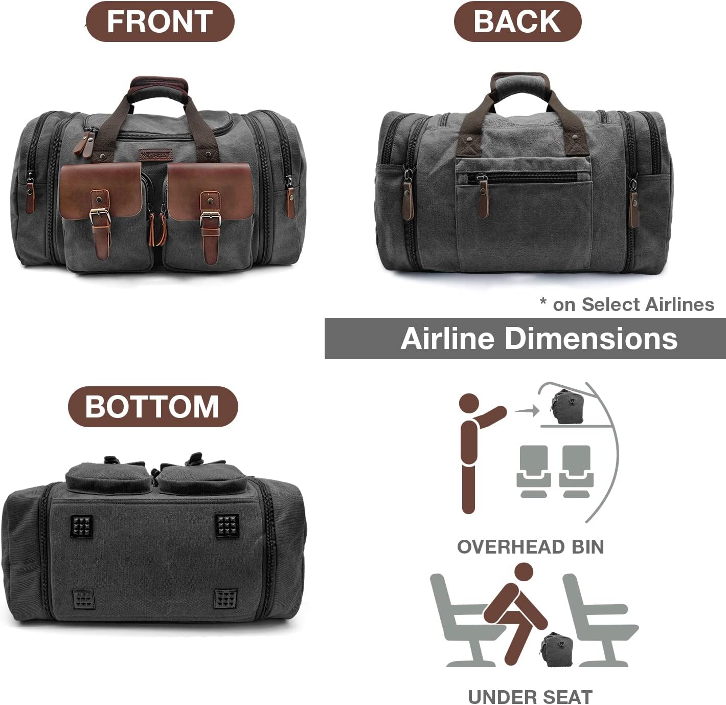 Wildroad 50L Travel Duffel Bag, Expandable Canvas Genuine Leather Duffle Bag Upgraded Overnight Weekender Carry on Bag - Roamly