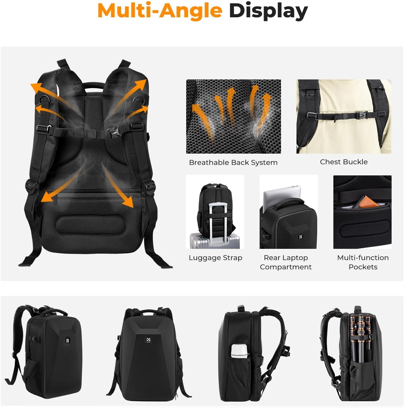 K&F Concept Camera Backpack,Hardshell Photography DSLR Camera Bag with 15-15.6 Inch Laptop Compartment Waterproof Hard Shell Camera Case Compatible with Canon/Nikon/Sony/DJI Mavic Drone