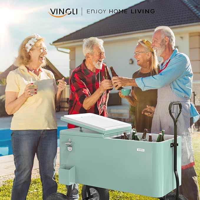 VINGLI 80 Quart Wagon Rolling Cooler Ice Chest, w/Long Handle and 10" Wheels, Portable Beach Patio Party Bar Cold Drink Beverage, Outdoor Park Cart on Wheels
