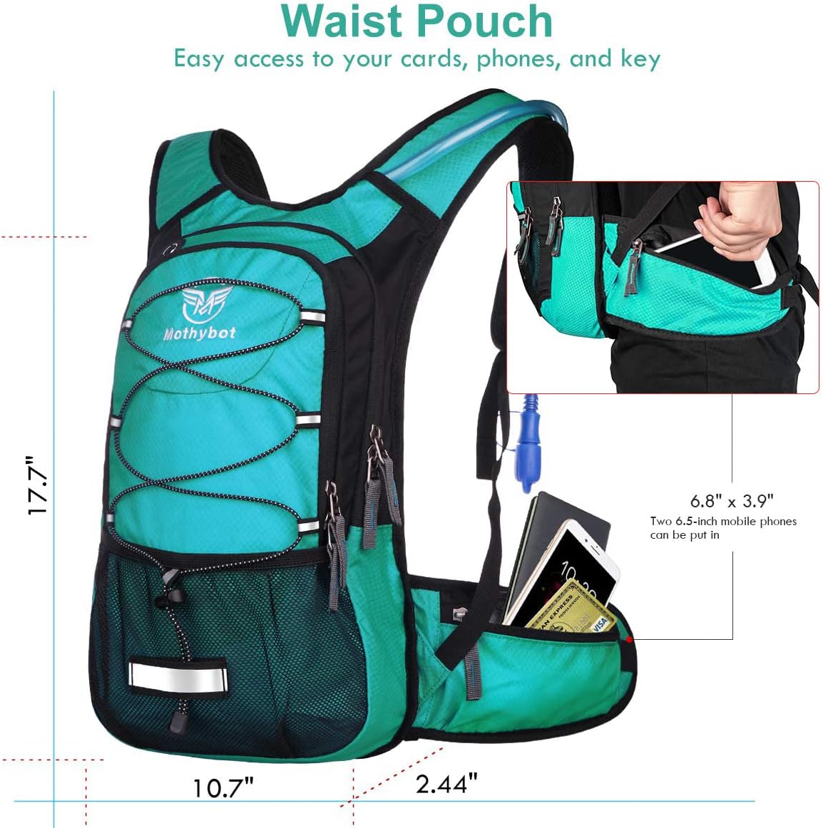 Insulated Hydration Backpack Pack with 3L BPA Free Leak Proof Water Bladder, Large Storage Lightweight Hiking Daypack with Waist Pouches & Cooler Layer, for Running, Biking, Camping, Festival - Roamly
