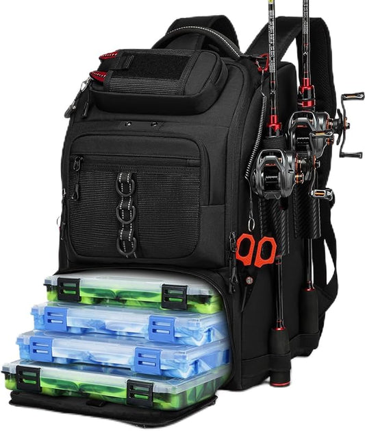 Fishing Tackle Backpack,40L Tackle Bag with 2 Rod Holders,Water-Resistant Large Storage Fishing Gear and Equipment(Black)