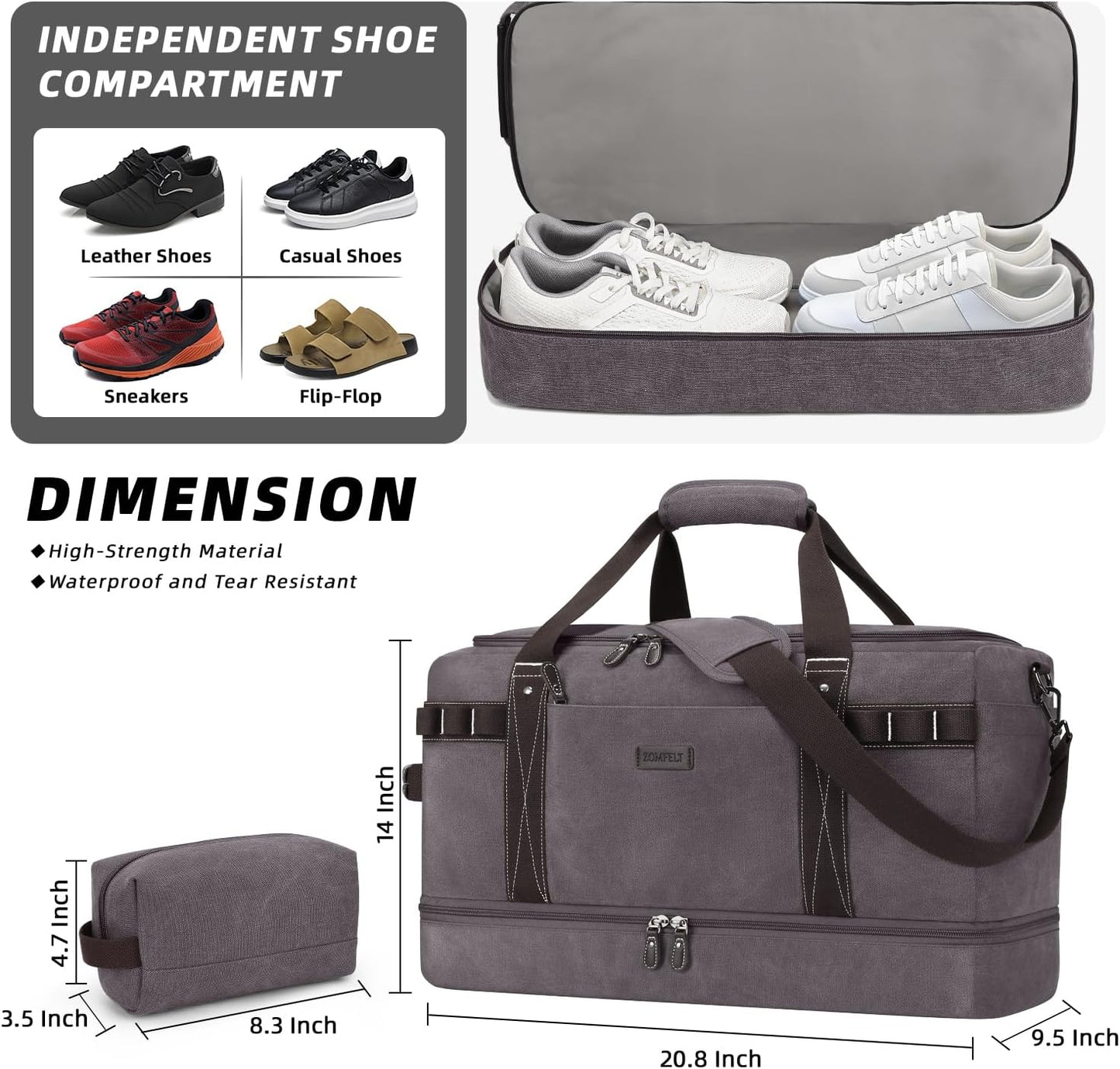 ZOMFELT Travel Duffle Bag for Men Women, Waterproof Canvas Overnight Duffel Bag with Removable Dividers & Shoe Compartment, Carry On Weekender Gym bag, Multi-Pocket & Vintage Design (Washed Grey) - Roamly